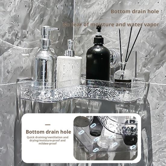 No-Drill Clear Wall Caddy Storage Rack with Suction Cup Triangular Compartments Strong Load-bearing Easy To Install Bathroom Corner Storage Shelf