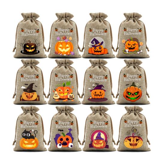 12Pcs Halloween Pumpkin Burlap Gift Bags Small Drawstring Goodie Treat Bag Halloween Linen Jute Candy Bag for Kids Trick or Treat Party Supplies