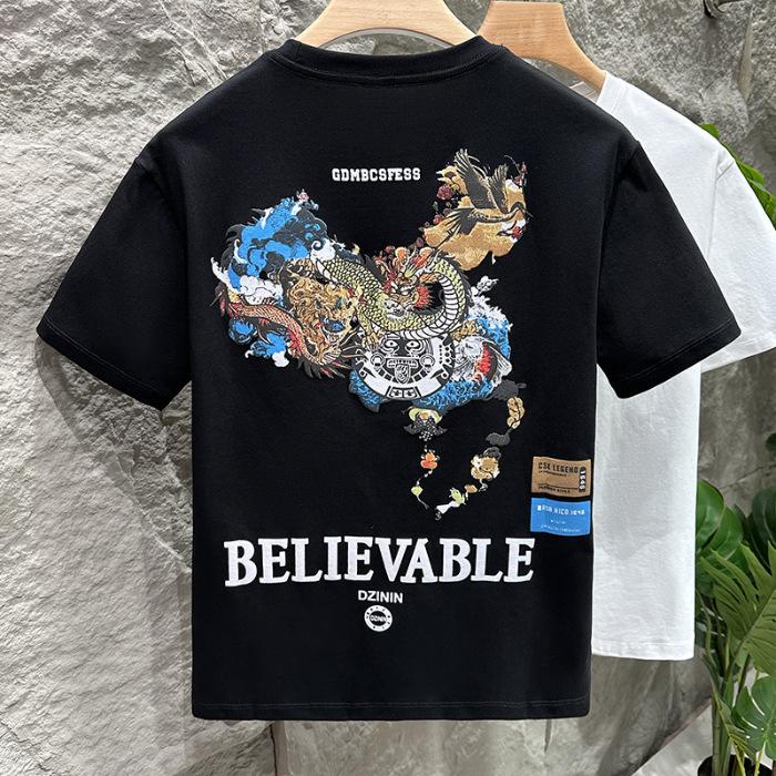 Summer Short-sleeved T-shirt Men's Breathable Soft Top Embroidered Print Casual T-shirt