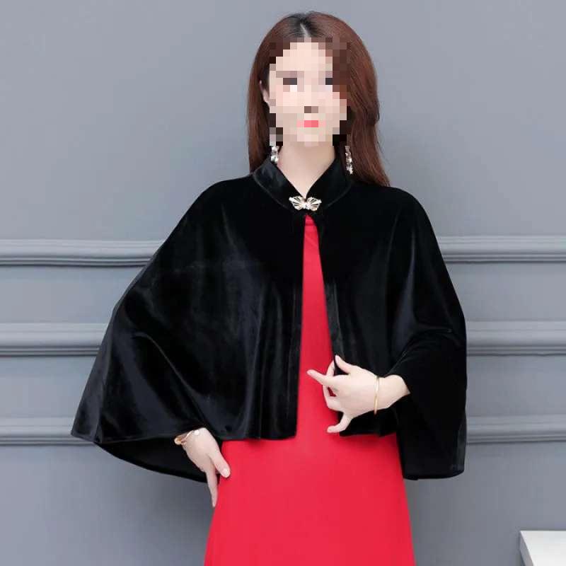 

Gold Velvet Embroidered Shawl Coat & Qipao Set - Elegant Women s Fashion 4XL чорний