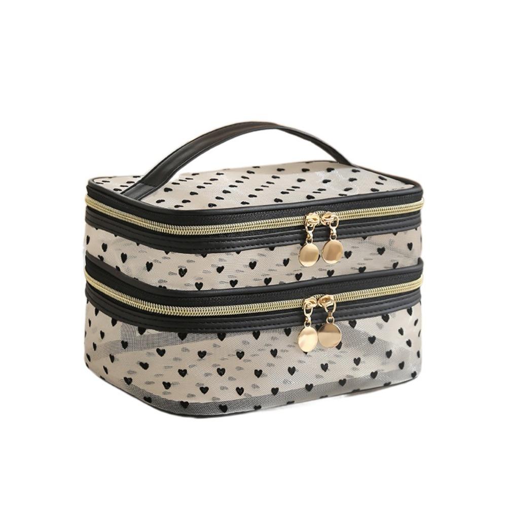 Black Heart Printed Mesh Love Makeup Bag Large Capacity Women Toiletry Bag Women