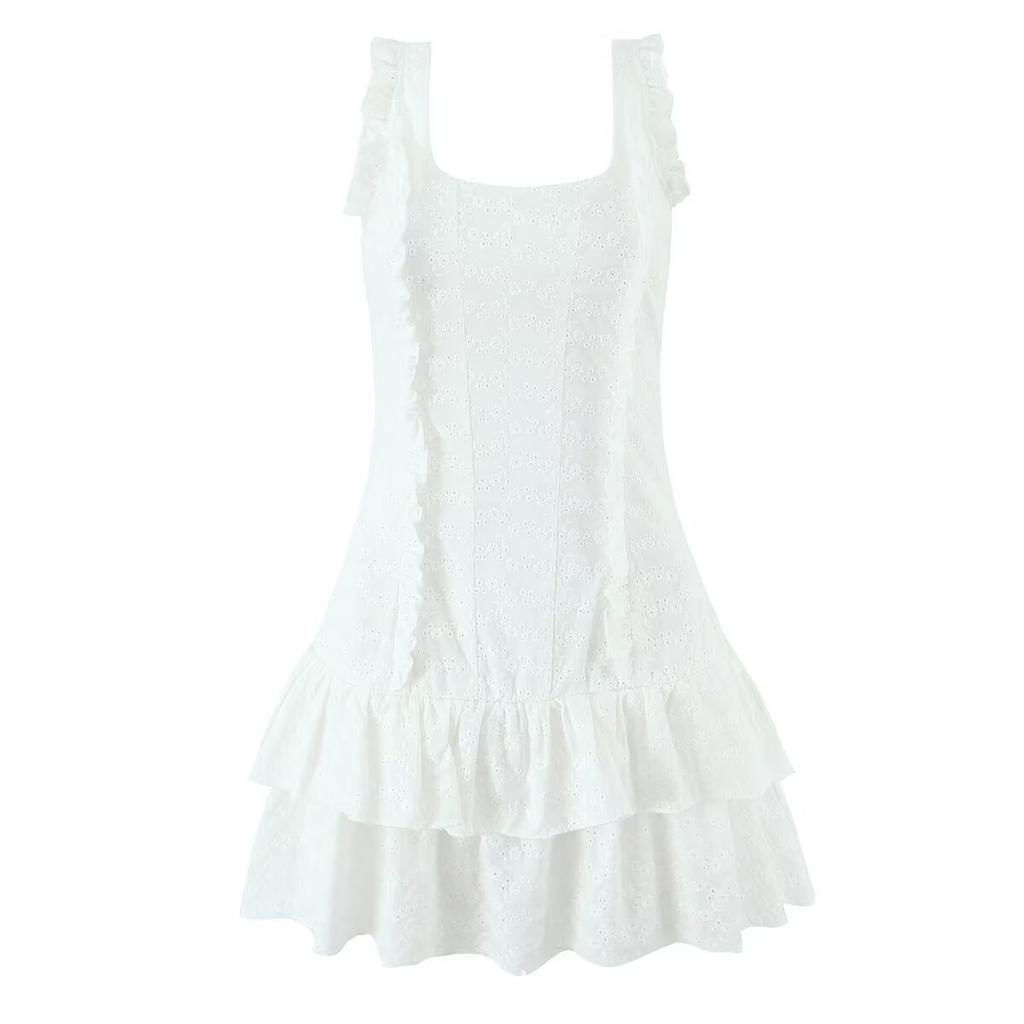 French Niche Sweet Lotus Leaf Edge Waist Thin Embroidery Sleeveless Mini Dress Women's Summer Pure Desire Suspender Short Skirt