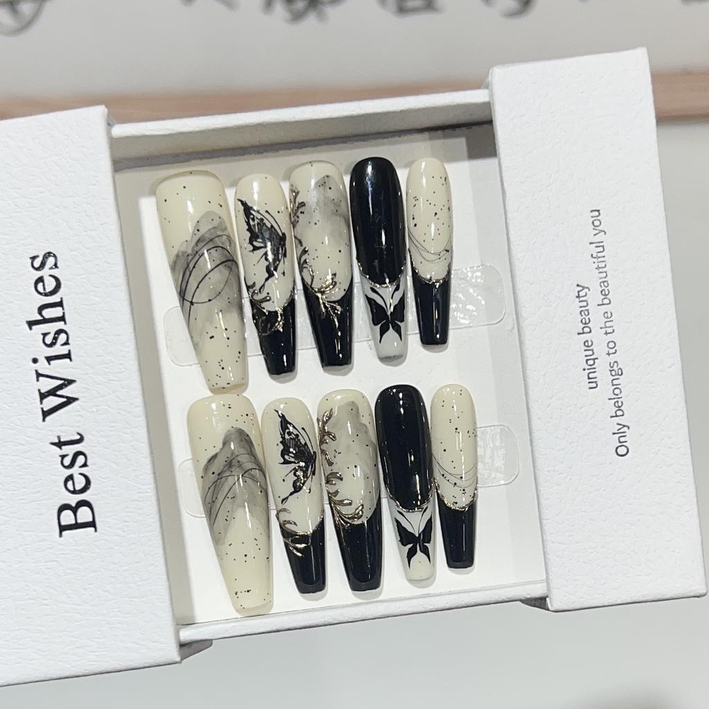 Chinese Style Wear Nail Pure Handmade Nail Art Fake Nail Patch Hand-painted Landscape Painting Butterfly French Magic Mirror Nail Patch