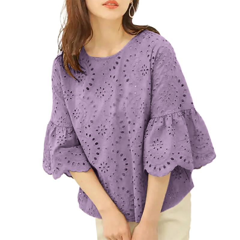 

ZANZEA Женская повседневная кружевная блузка крючком с круглым вырезом и рукавами 3/4 5XL фиолетовый