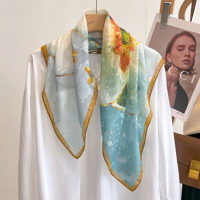 Women's Blue Lotus Oil Painting Silk-like Scarf: Ideal for Spring and Autumn Goes Well with Shirts Neck Guard Square Scarf Lightweight Shawl