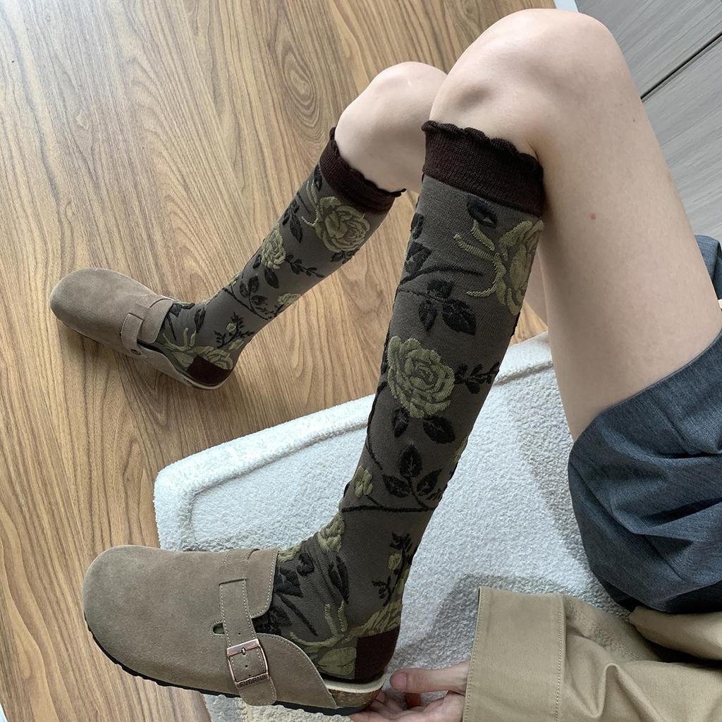 Fashion Vintage Floral Stockings Spring Autumn Cotton Elastic Breathable JK Boots Long Tube Socks Ladies Ruffle Knee High Socks