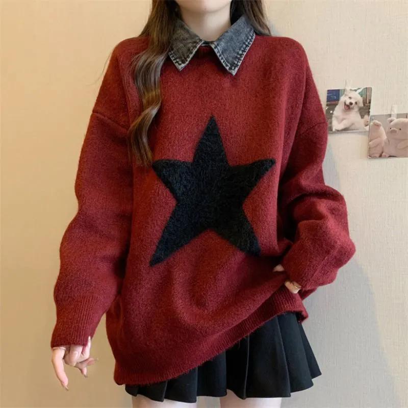 

WTEMPO Поддельные двухсекционные джинсовые рубашки, свитера с длинным рукавом, трикотажные топы для женщин, осень-зима, отложной воротник, свободный пуловер XXL красный