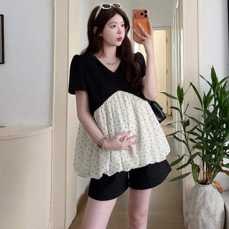 Summer 2026 Maternity V-Neck Ruffle Polka Dot Doll Shirt XL