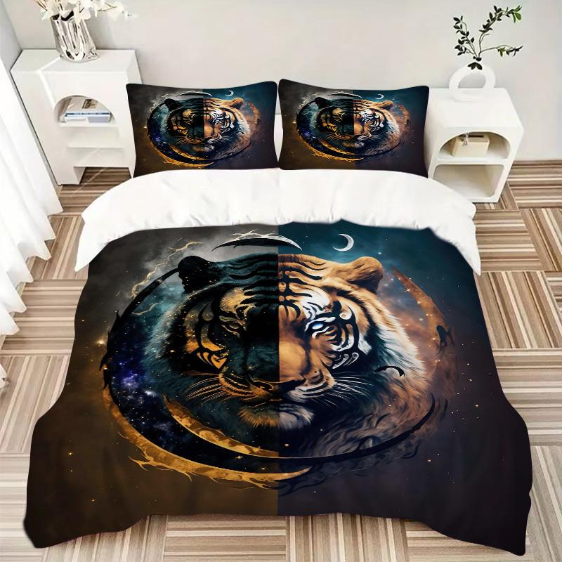 3pcs Twilight Tiger Quilt Set Cartoon Themed Bed Quilt Set Lovely Character Bedroom Decor Bed Quilt Set Four Seasons (1 Cover + 2Pillowcase NO Co