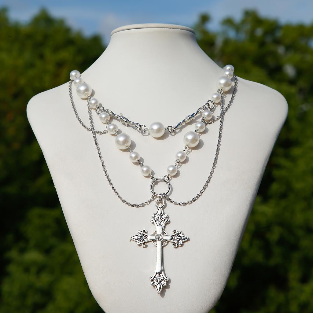 Cyberpunk Cross Pendant Necklace Female, Personalized Metal Rivet Imitation Pearl Clavicle Necklace