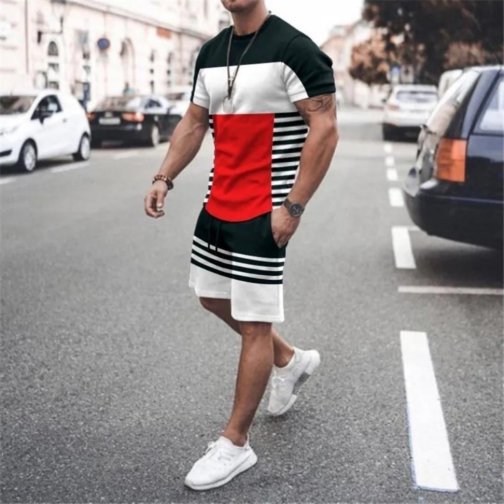 Men's Casual Sports Set Short Sleeve and Shorts Two-Piece Fashion Geometric Pattern Summer Daily Wear Comfortable Breathable
