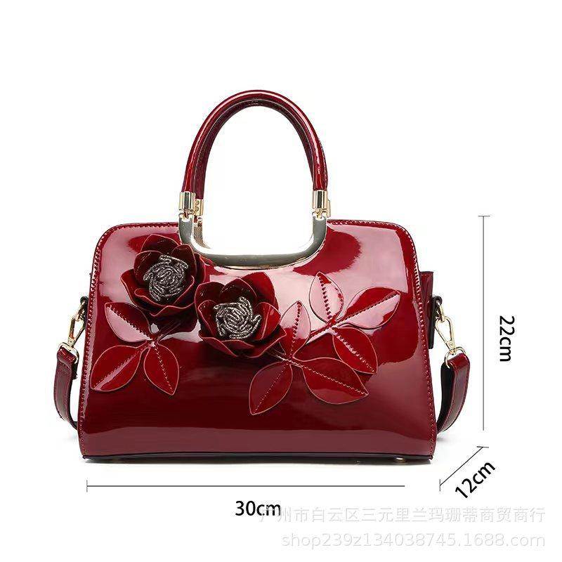 Solid Color Handmade 3D Embroidery Handbag Cross-Border Foreign Trade Exclusive Glossy Patent Leather Shoulder Tote Bag Crossbody Bag