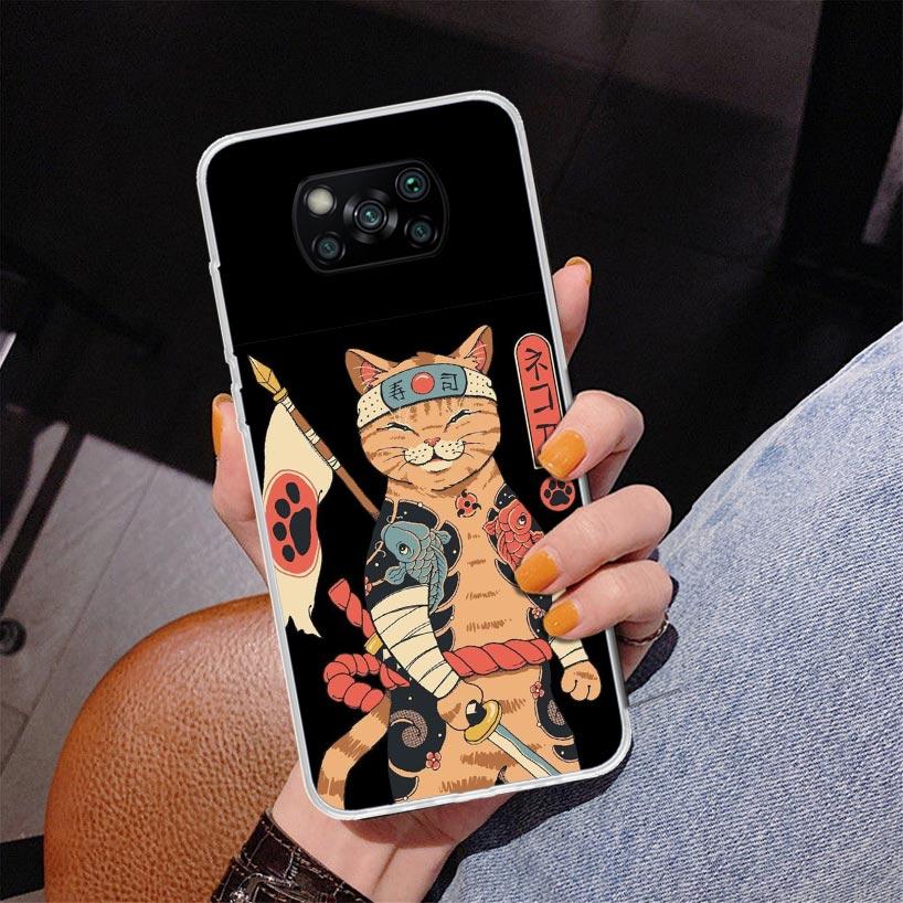 Ramen Sushi Samurai Tattoo Cat Phnoe Case for Xiaomi Poco X5 X6 X7 Pro X4 Gt F7 Ultra M8 M7 Redmi 15C 15 13C 13 12C 12 Unique Co