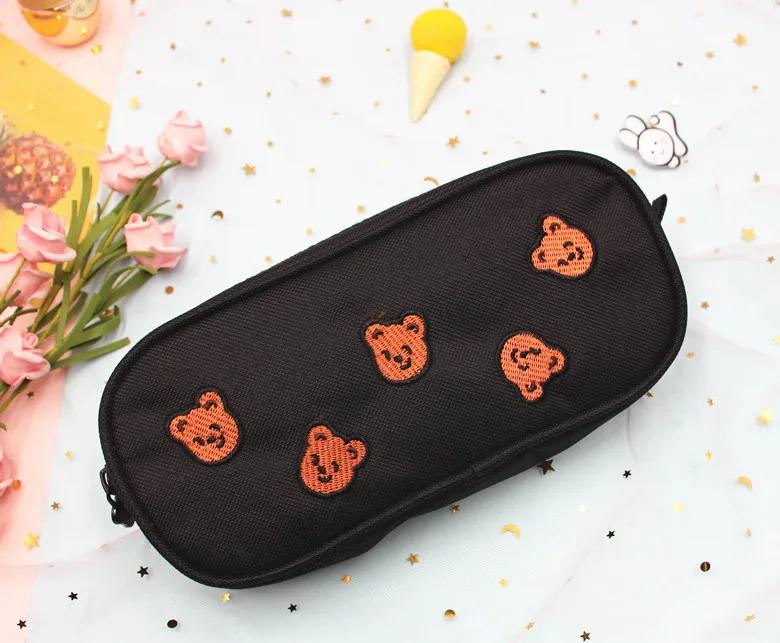 Kawaii Bear Embroidery Canvas Pencil Bag Pen Case Kids Gift Pouch Office School Supplies Japanese Stationery Desk Organization
