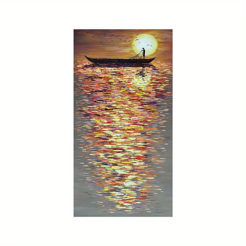 Modernes abstraktes Fischer- und Sonnenuntergangs-Meereslandschafts-Rahmenloses Leinwandbild Hochwertiger Druck für Wohnzimmer und Heimdekoration