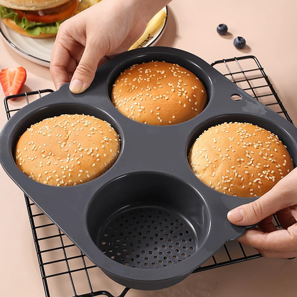Hamburger Bun Mold Baking Hamburger Bread Pan Non-Stick Silicone Mold Dishwasher Safe 4 Cavities for Burger Buns Kitchen Tool,10cm (4 Inch) Egg