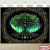 2D Flat - One Piece of a 2D Flat Banner Featuring a Boho Chic Green Leaf Mandala Tapestry, Showcasing a Mystical Tree of Life