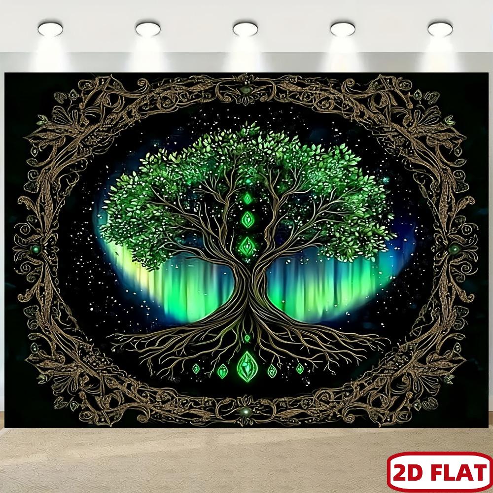 2D Flat - One Piece of a 2D Flat Banner Featuring a Boho Chic Green Leaf Mandala Tapestry, Showcasing a Mystical Tree of Life