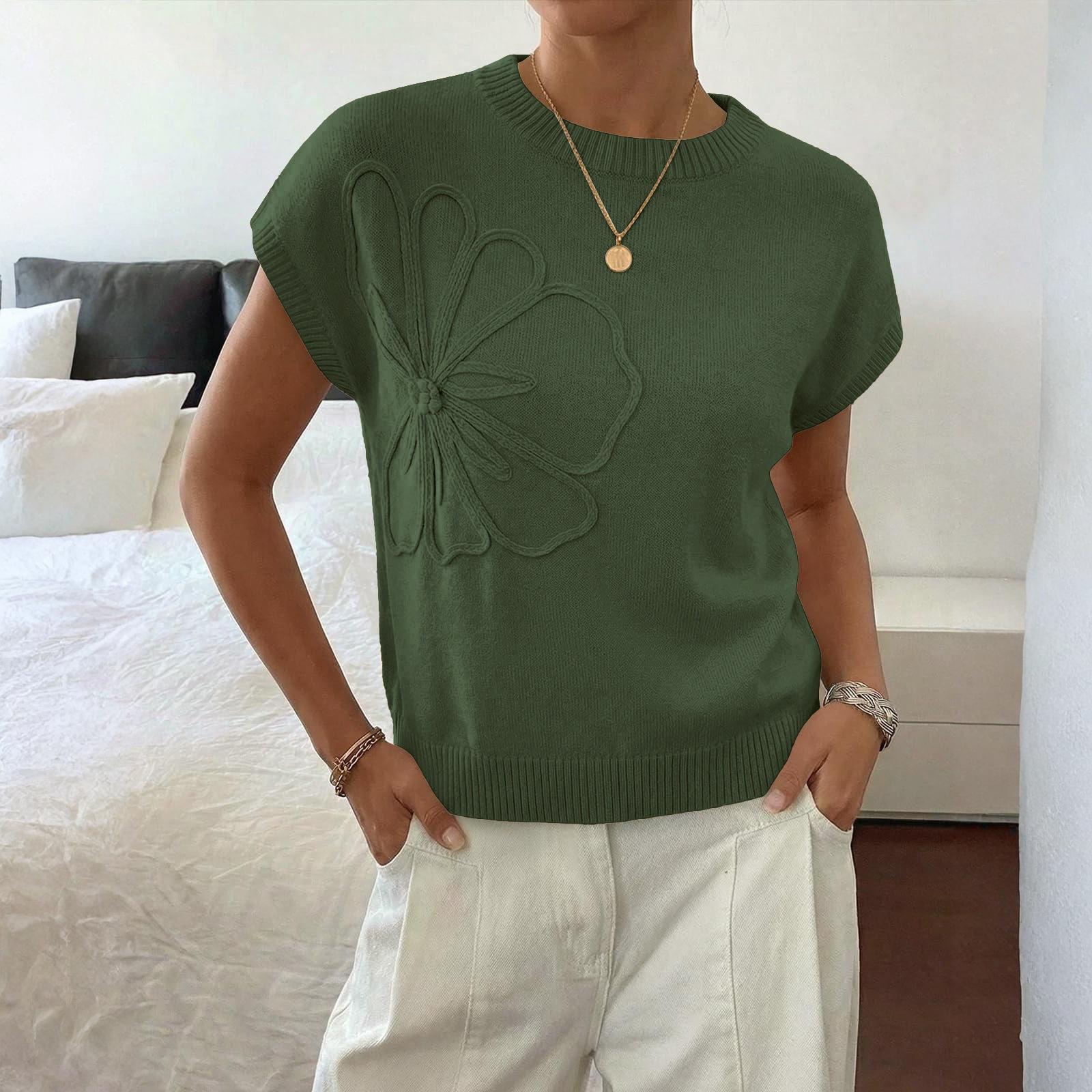 Женский летний модный цветной круглый вырез вязаный короткий рукав цветочный свитер худи топ L