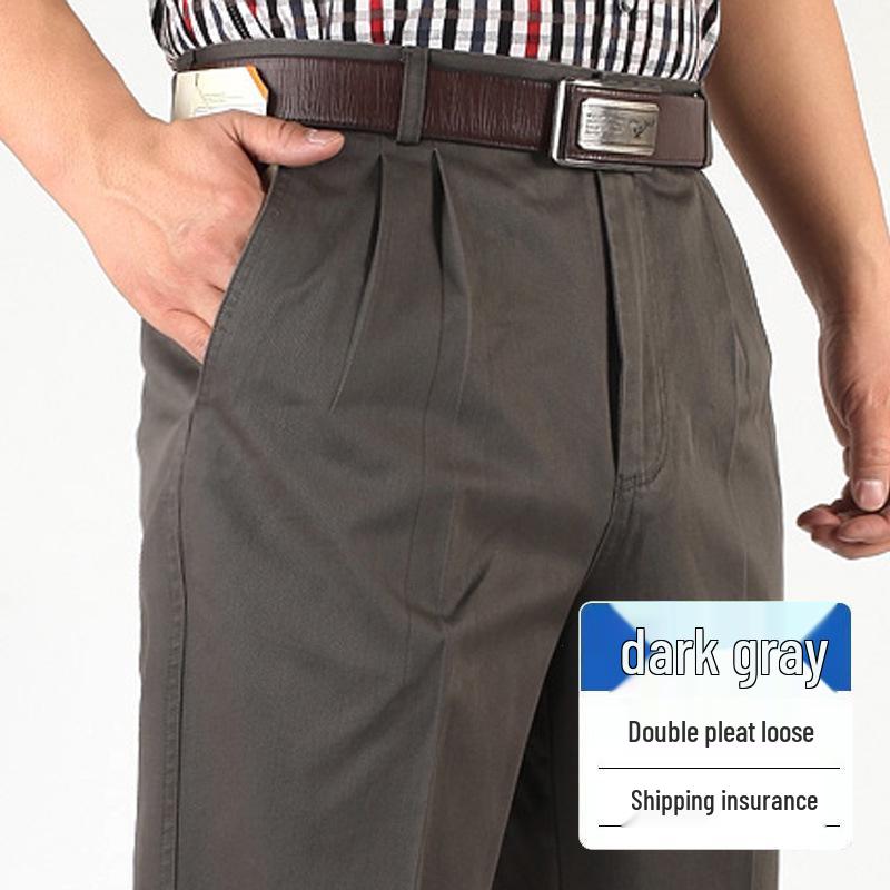 Dad's Pants Men's High Waist Cotton Double Pleated Loose Fit Pants for Spring & Autumn