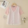 ZANZEA Women Casual Round Neck Loose Patchwork Short Sleeve T-Shirts