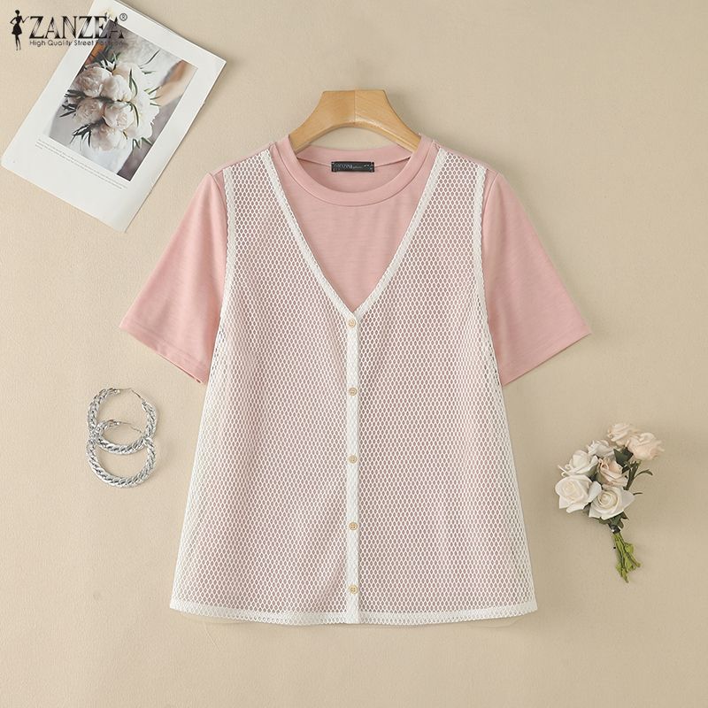 ZANZEA Women Casual Round Neck Loose Patchwork Short Sleeve T-Shirts