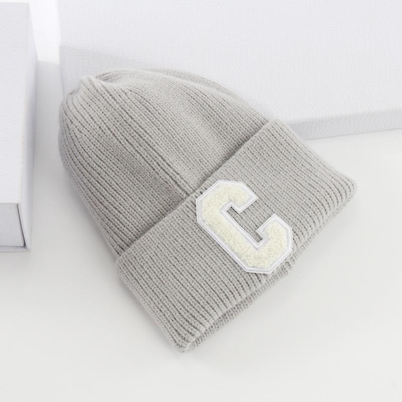 New Wool Hat Women's Autumn and Winter Warm Letter C Pullover Hat Student Solid Color Knitted Hat