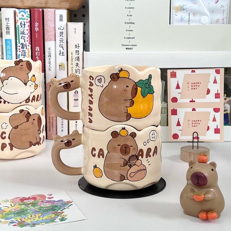 Capibara Stacked Cup Cute Cartoon Ceramic Mug with Handle Female Couple Coffee Cup Birthday Gift