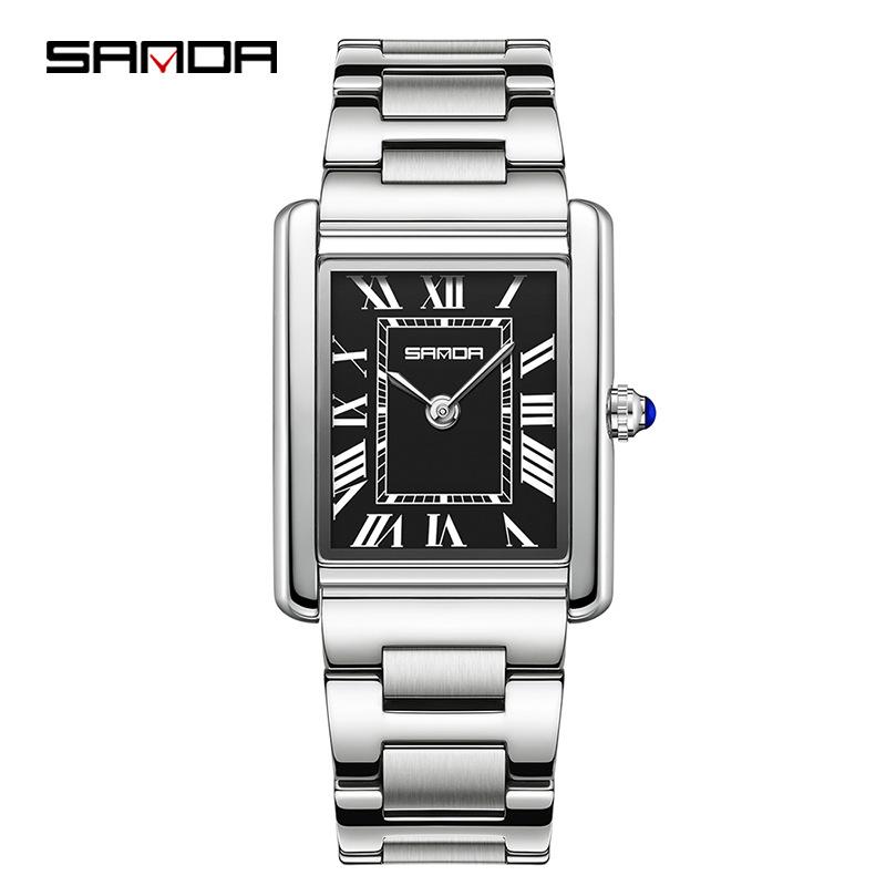 Montre à Quartz pour Femme Sanda, Petit Cadran, Chiffres Romains, Mode Étanche Rectangulaire, Design Couple.