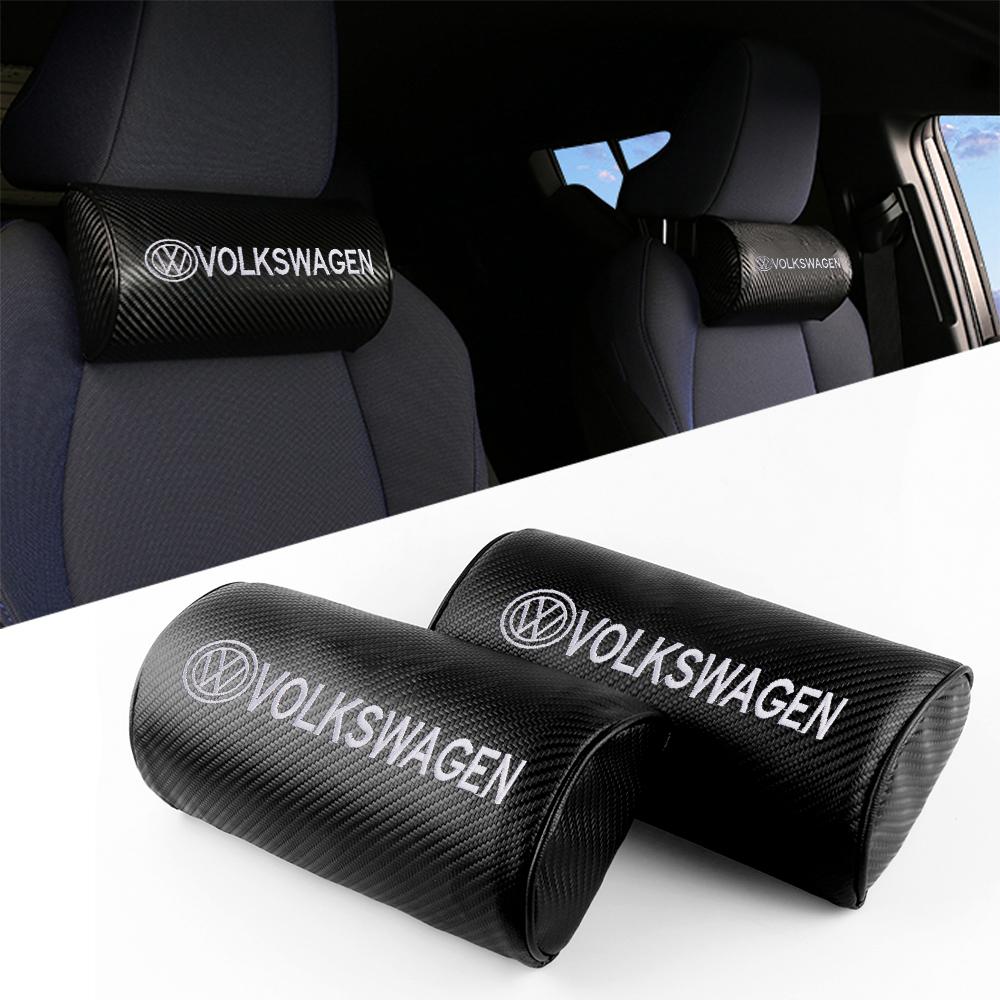 Hub Caps 1/2Pc Carbon Fiber Leather Car Neck Pillows Neck Rest Headrest Valve For Volkswagen VW R Golf 4 5 MK7 Beetle Touran Pas
