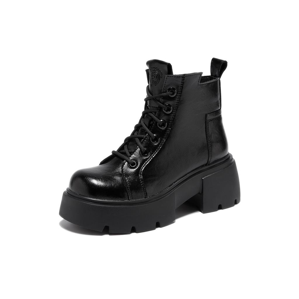 Autumn and Winter New Small Height Increase Medium Tube Trendy Women's Boots Thick Heel Cotton Martin Boots Women's Leather