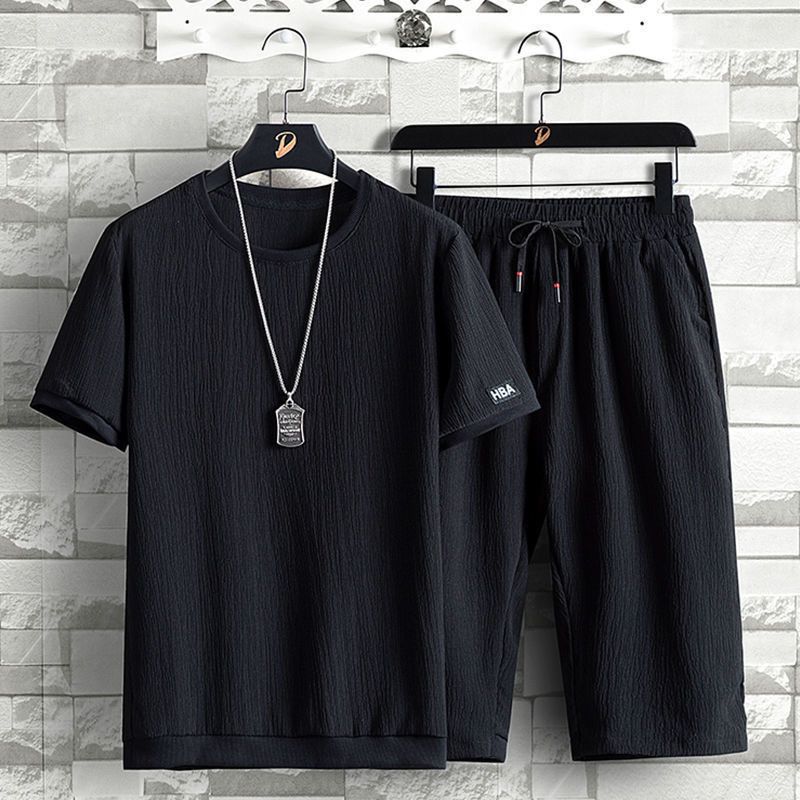 Men's Summer Ice Silk Suit   Loose  Leisure Sports Suit Men's Short-sleeved  Pants Two-piece Set