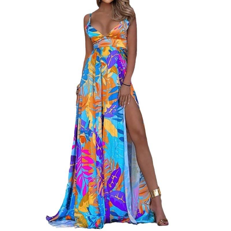 2025 New Spring Leaf Four-sided Elastic Dress Bohemian Suspender Off-the-shoulder Tube Top Mopping Floor Dress Women