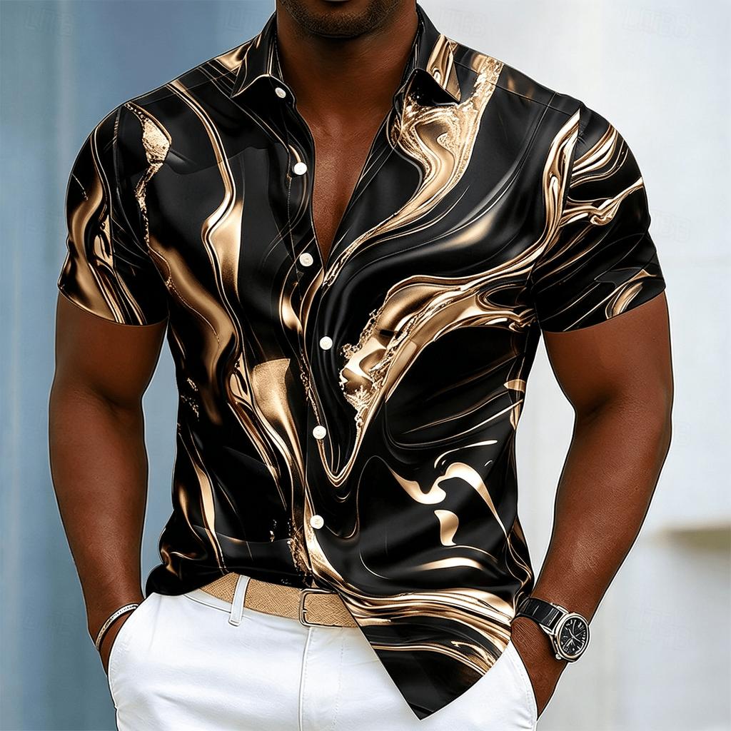 Men's Marble Swirl Print Short Sleeve Shirt, Luxury Fluid Pattern Casual Button Down Top for Spring & Summer