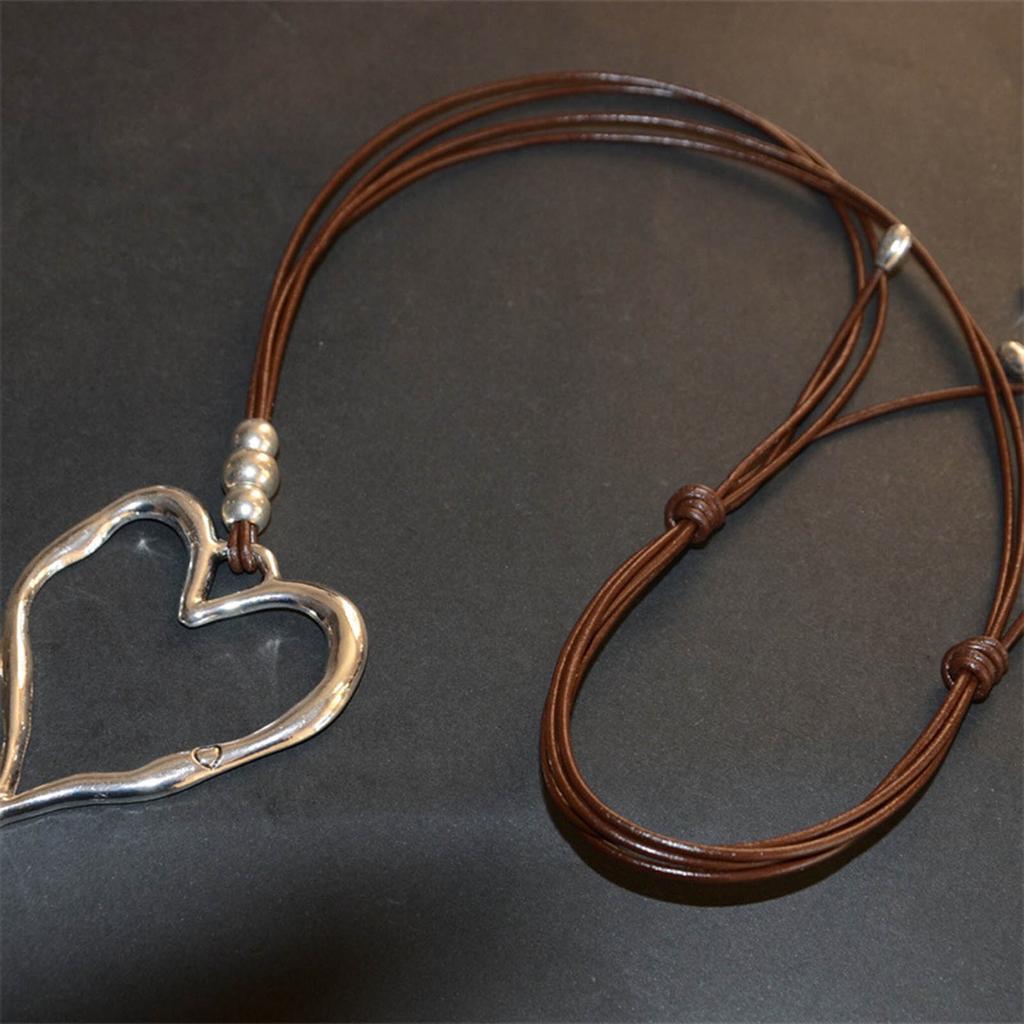 Leather Necklace Fashion Abstract Hollow Heart Charm Rope Valentines Day Gift