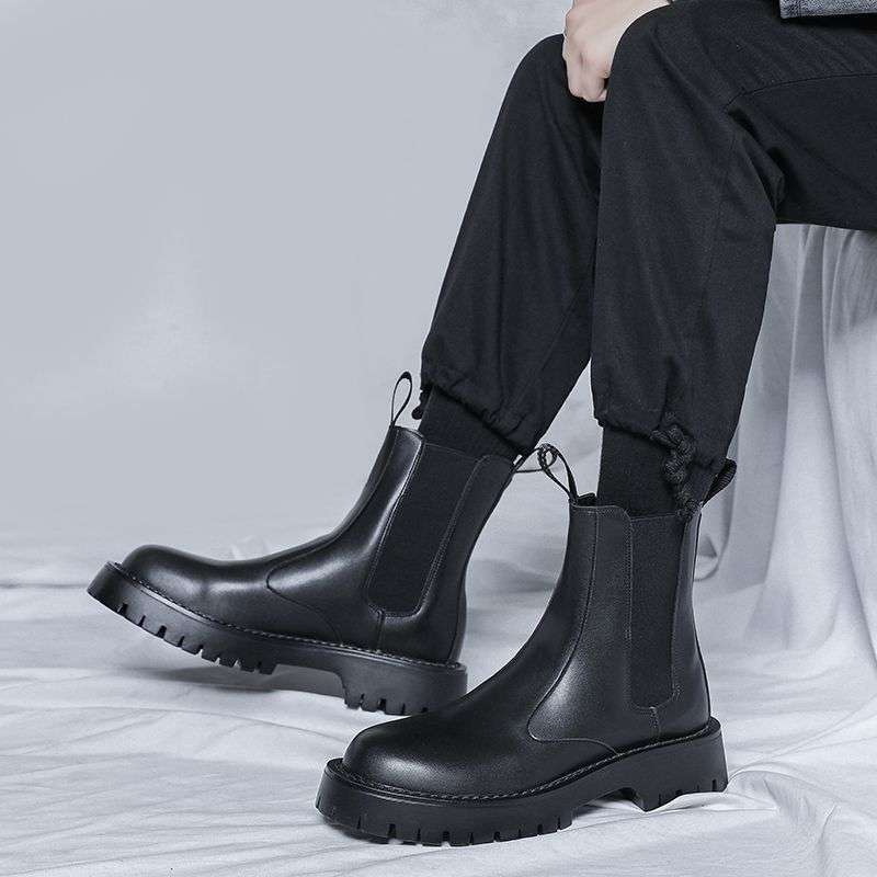 Chelsea Boots Herren Sommer Mid Boots Herren Schwarz High-Top Schuhe Britische Baumwollschuhe Aufgeraut Verdickt Martin Boots