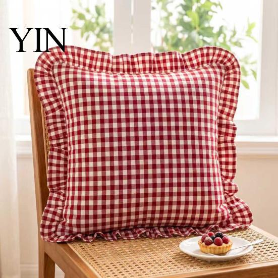 Federa Cuscino Decorativa Divano Shabby Chic con Volant, Fodera Cotone a Quadri con Bordo Arricciato, Federe Arricciate Vintage 18x18 Pollici 20x12 Copertura Decorativa