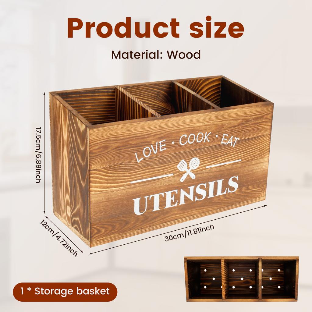 Organizér na kuchyňskou desku a úložný prostor na kuchyňské náčiní Dřevěný držák na kuchyňské náčiní 3 přihrádky Pevný držák na příbory