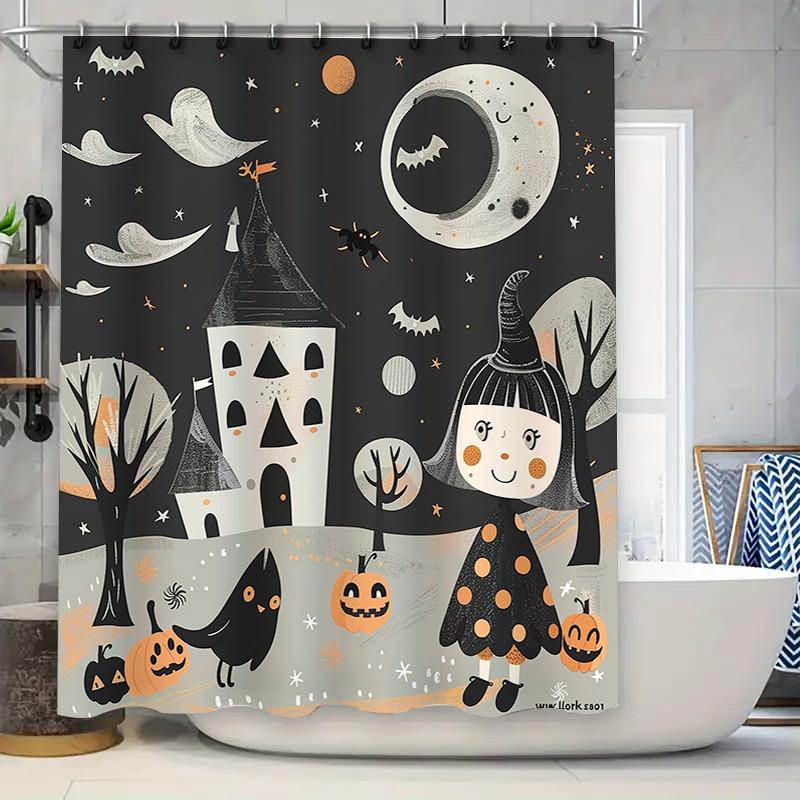 

Halloween-Themed Bat Pumpkin Ghost Shower Curtain Halloween Decorations For Kids Bathroom Waterproof Fabric Home Decor Black Bac W60H190(CM)-1 Pcs