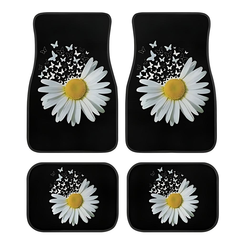 4pcs White Daisy Butterfly Car Non-Slip Carpet | Polyester, Easy To Clean & Install, Suitable for Cars & SUVs, Universal Fit