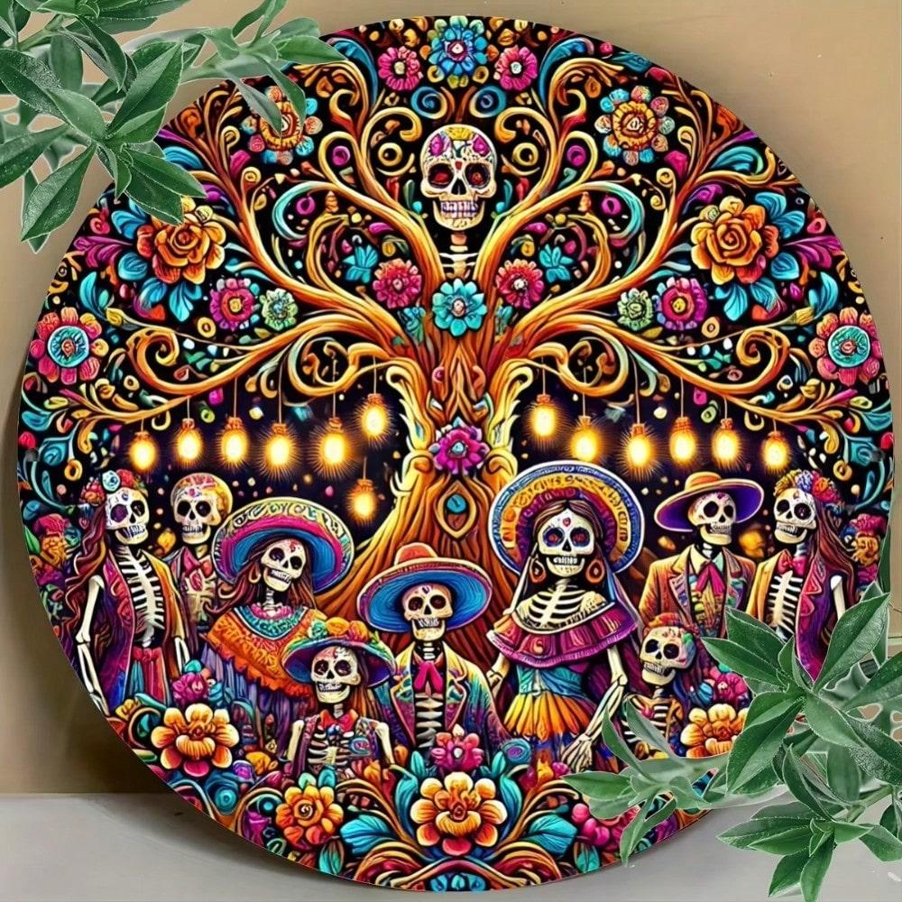 Vintage Sugar Skeleton Wreath Metal Wall Art for Day of the Dead Halloween Home Decor