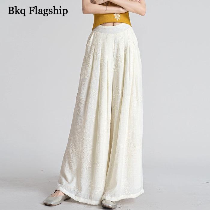 2026 Korean Style High Waist Embroidered Apricot Wide-Leg Pants Medium