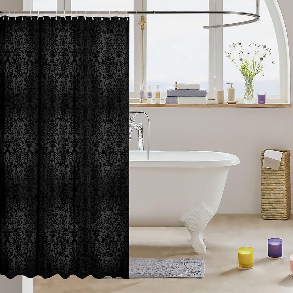 Boho Damask Shower Curtain - Baroque Style Antique Ornament, European Pattern Floral Decorative Polyester Fabric - Black & Grey