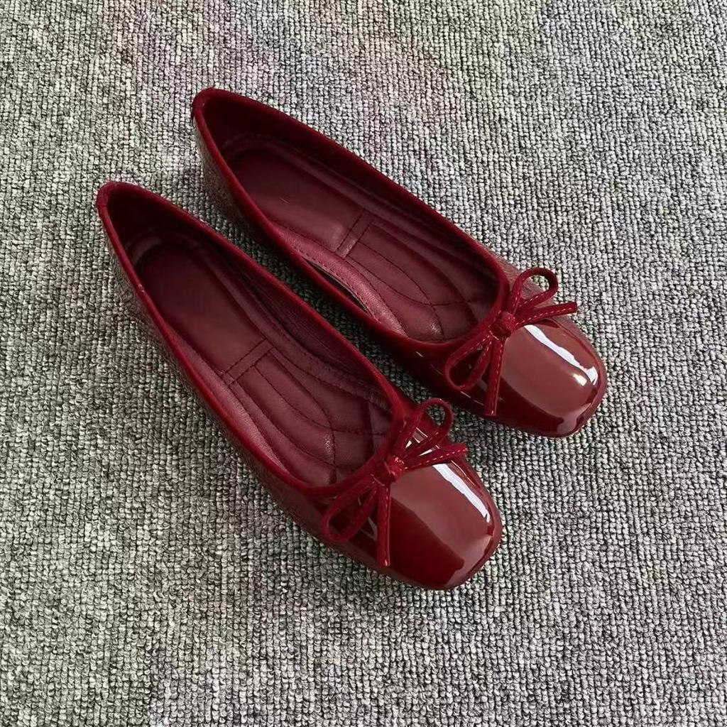 2025 Doudou Grandma Ballet Bow New Square Head Flat Bottom Red Single Shoes Fragrant Light Mouth Versatile Women's Shoes