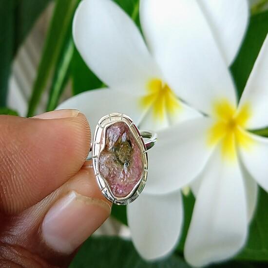 925 Sterling Silver Raw Watermelon Tourmaline Gemstone Ring Sz 6  Christmas Gift