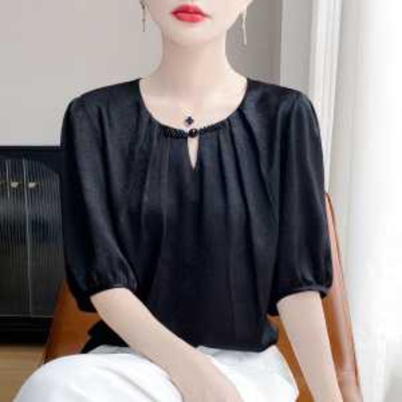 Women's Metallic Glossy Round Neck Puff Sleeve Blouse Casual Elegant Top
