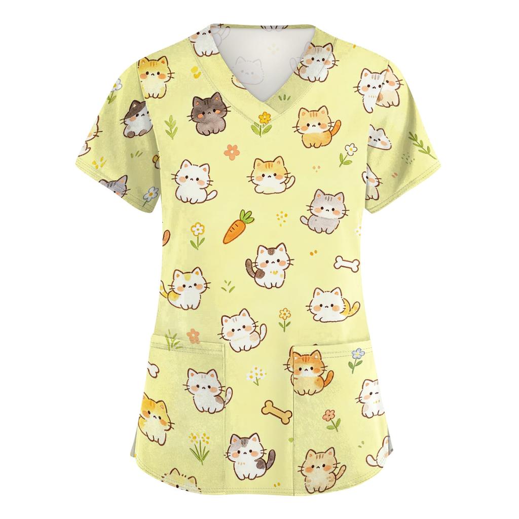 Women's V Neck Short Sleeve Work Top with Pockets Animal Print Medical Uniform Scrub Shirt for Healthcare Professionals Nursing Staff