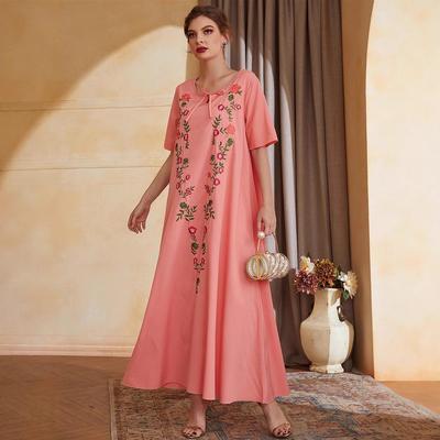Elegant Short-Sleeve Embroidered Abaya for Middle Eastern Women - Spring/Summer