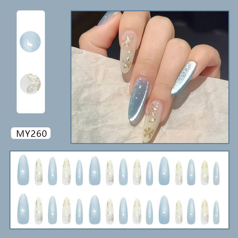Fresh light blue cat's eye three-dimensional cold gilt flower fashionable European and American ins style removable nail art pieces 30 pieces