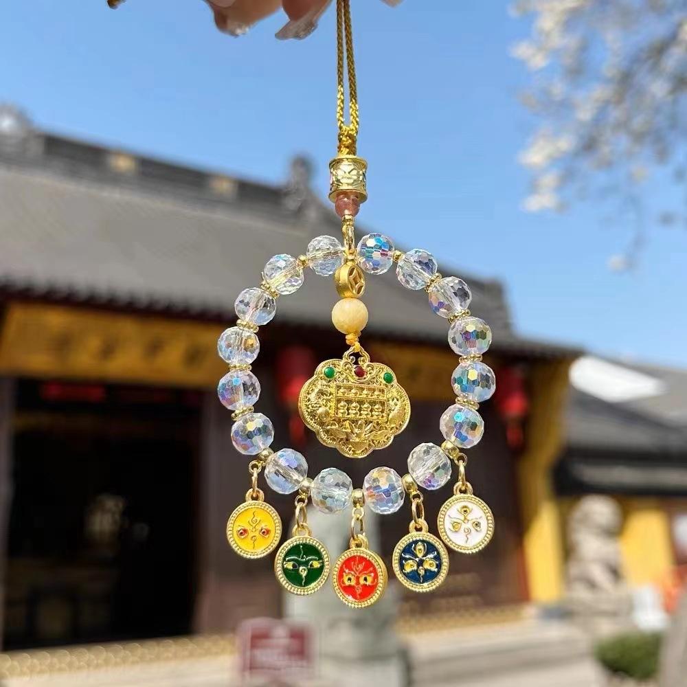 Car Pendant, Five-Way God of Wealth Double Dragon Abacus, Crystal Car Hanging Ornament for Wealth and Protection